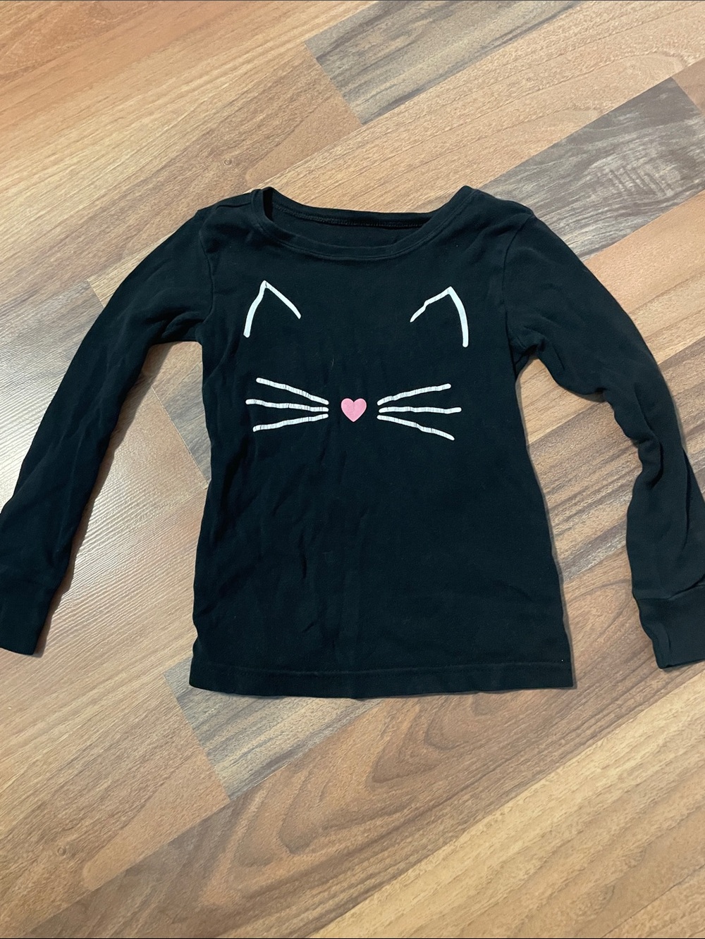 Girls Black Long-Sleeve Cat Face Top - Pink Heart Detail